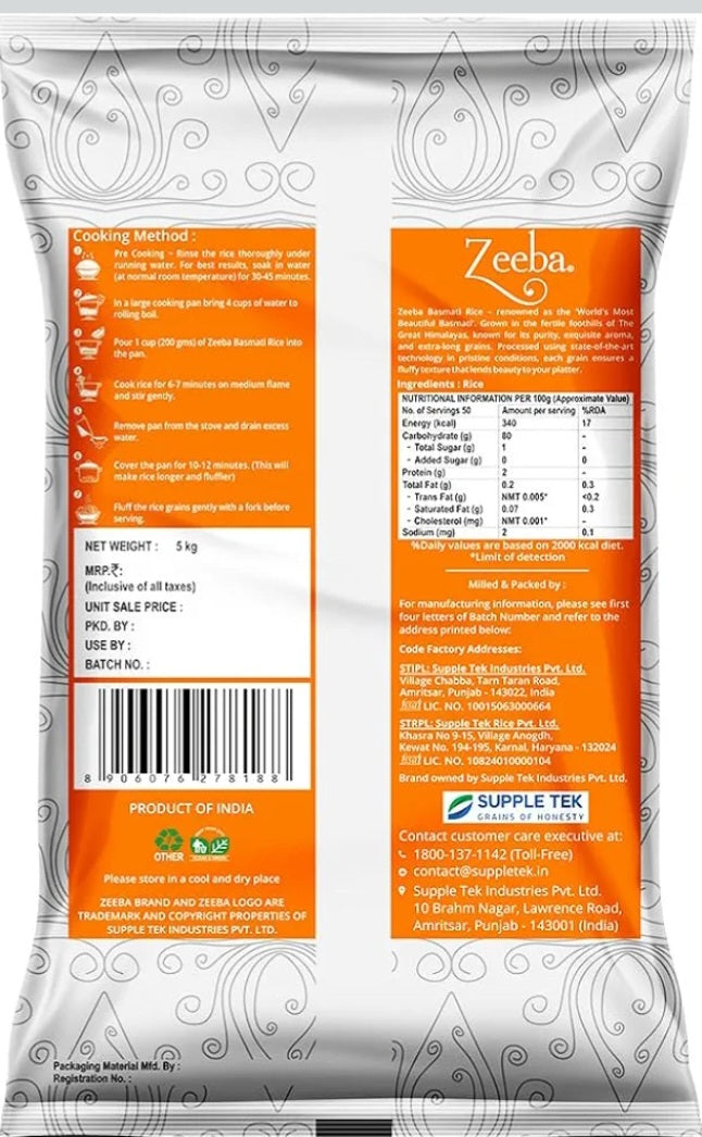 ZEEBA DUBAR BASMATI RICE 30KG